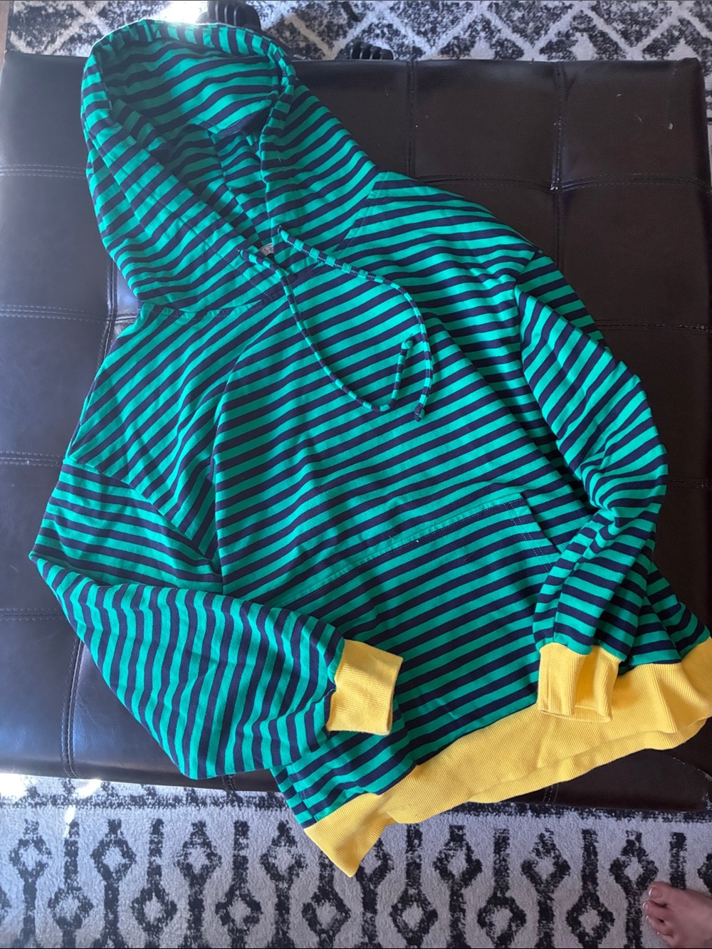 Sees Code Striped Green and Dark Blue Hoodie Sweater with Yellow Trim size small